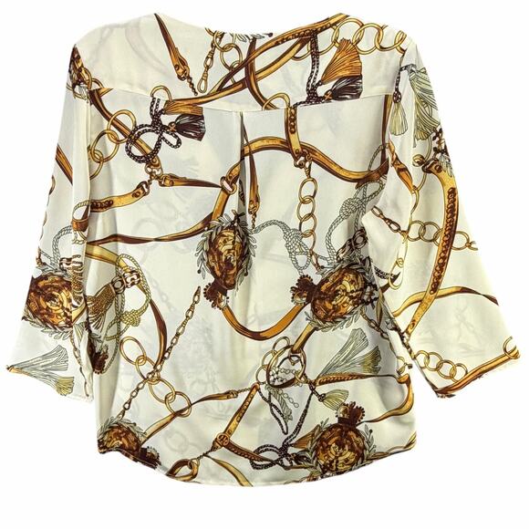 Hippocampe Blouse Top Womens M Cream Chain Print 3/4 Sleeve Old Money Equestrian - Picture 5 of 15